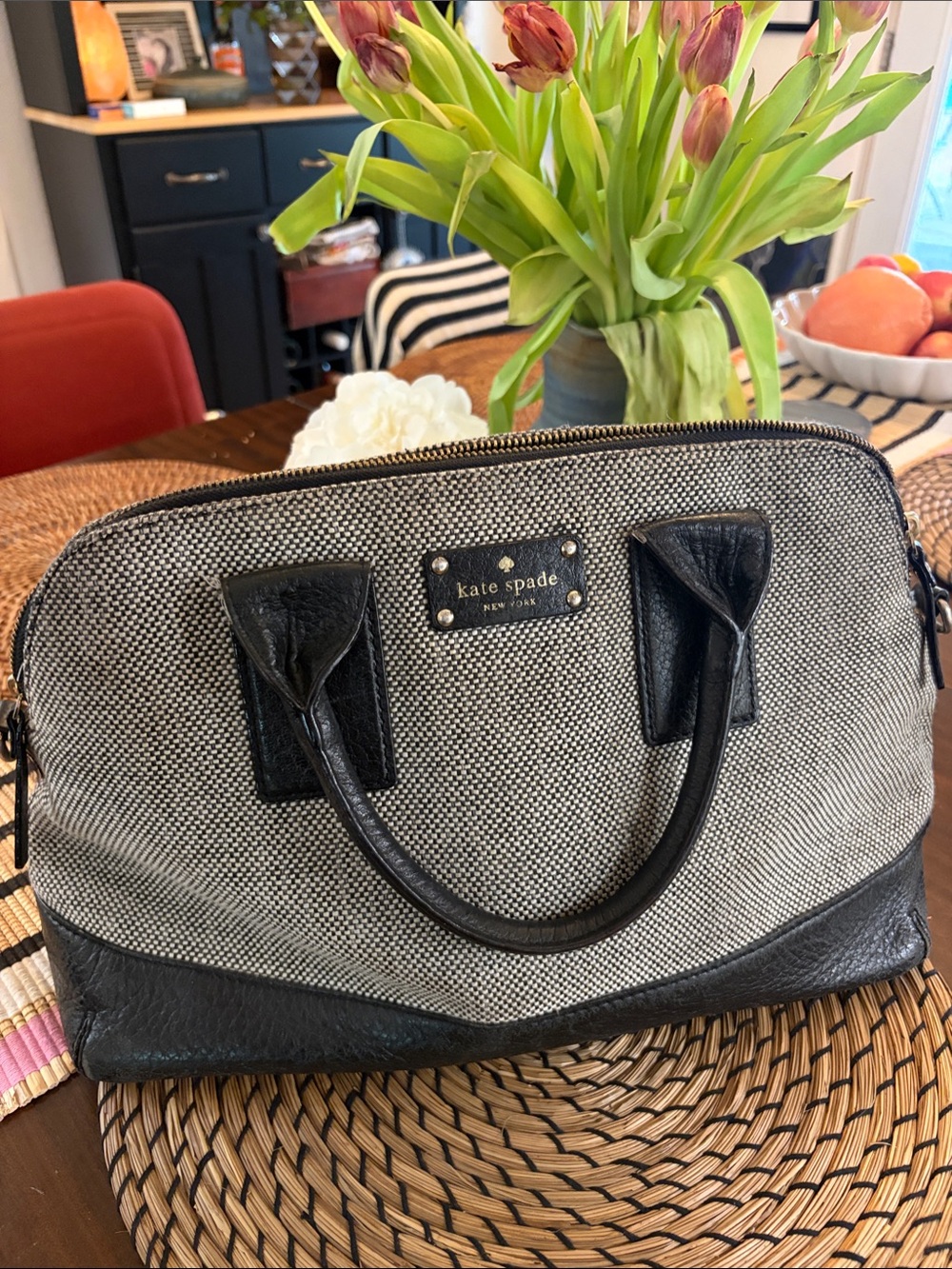 kate spade Black and Gray Canvas Dome Tote